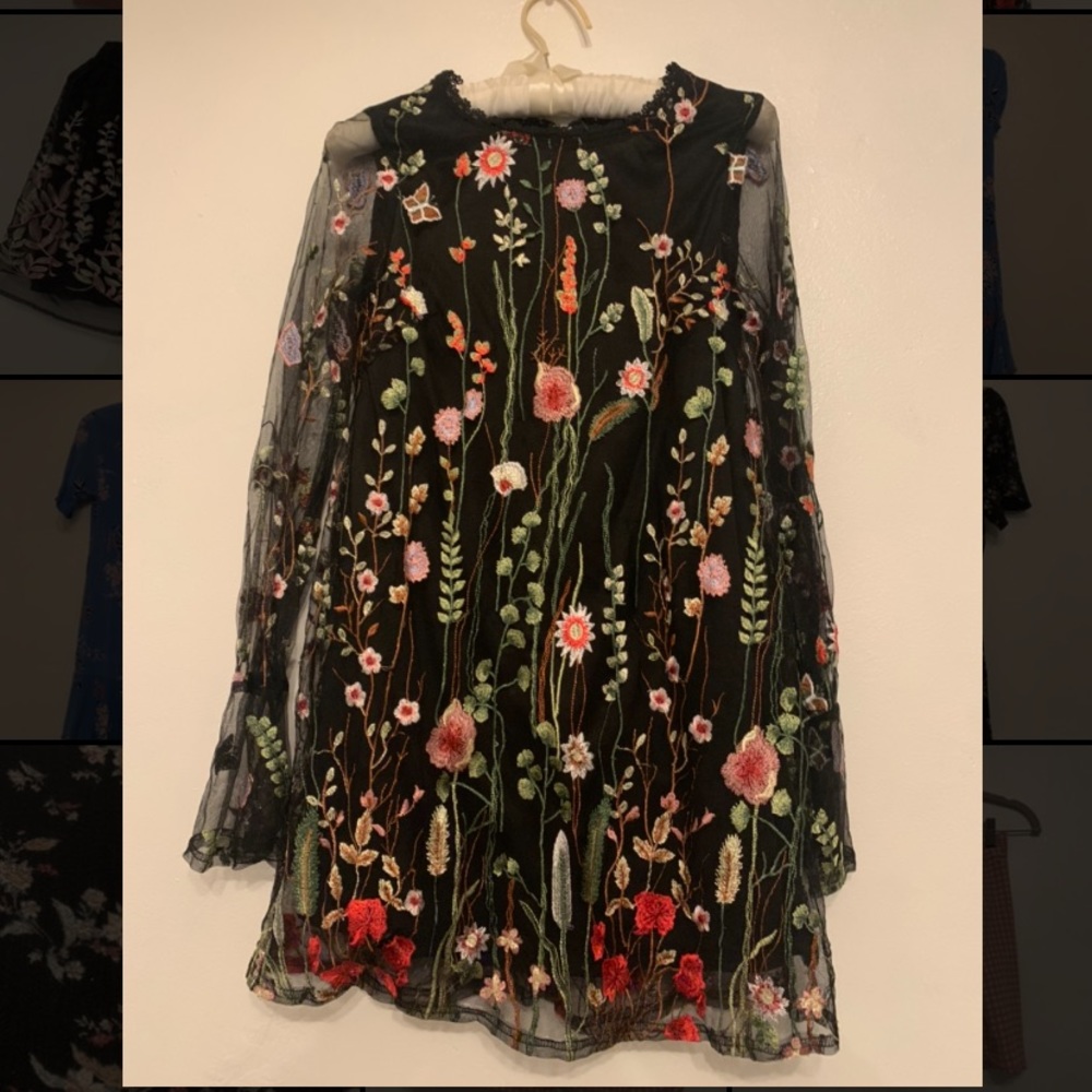 Black mini dress with embroidered flowers!